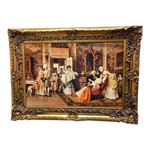 Living Room Wall Art Print on Cotton Fabric – Elegant Social Gathering Scene, Vintage Gold Frame