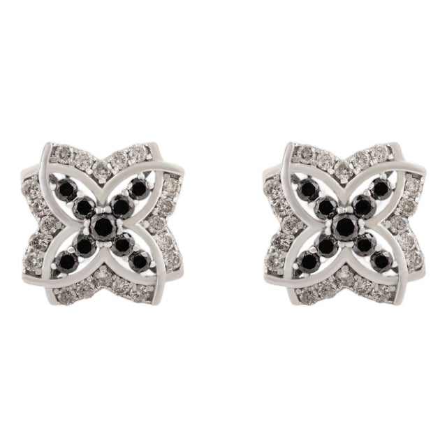 Timeless Quatrefoil Floral Sterling Silver Stud Earrings With Black Diamond- 2 Pieces For Sale