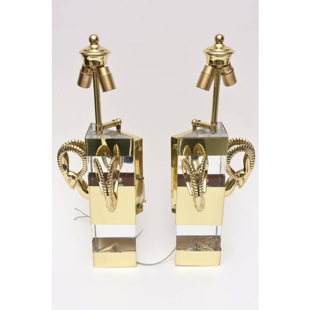 Hollywood Regency 1970s Lucite and Polished Brass Ram's Head Wall Sconces - a Pair For Sale - Image 3 of 11