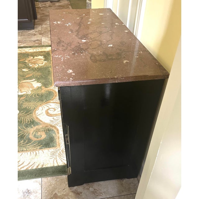 Vintage, Ebonized Wood Commode, Featuring a Marble Top, Three Drawers, Gilded Bronze Mounts, and Gilded Accents on Pilasters, in the Style of Eastlake For Sale - Image 9 of 10