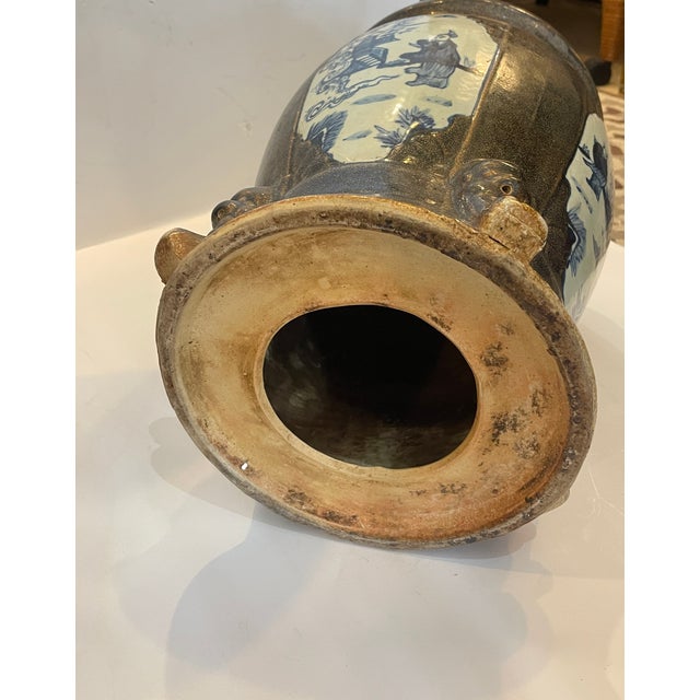 Pair Antique Chinese Brown Glaze With Blue & Withe Decor Garden Stools For Sale - Image 16 of 16