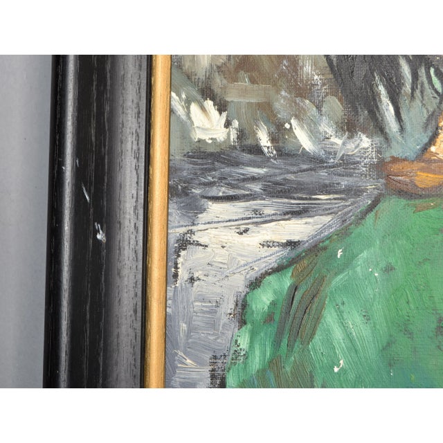 1960 Andre Daude Big Eyed French Girl Painting Oil Canvas Black Frame Green Coat For Sale - Image 9 of 13