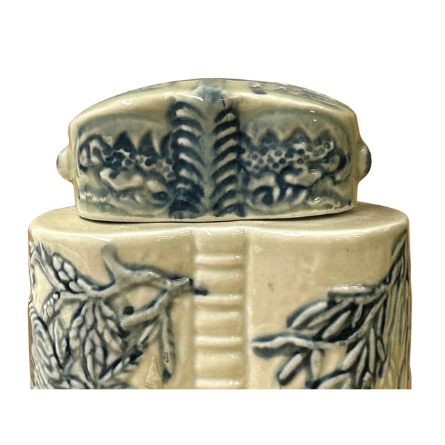 Cream Celadon Porcelain Blue Flower Graphic Cylindrical Container For Sale - Image 11 of 12