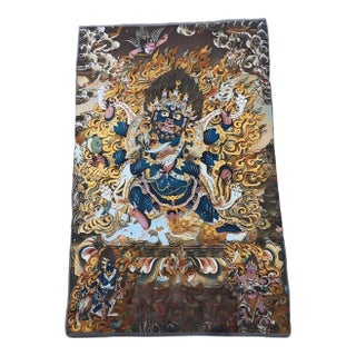 Mid 20th Century Xizang Embroidery and Brocade Thangka Buddha Painting - Wrathful Deity Protector Wall Art - Hand Painted Buddhist Sacred Scroll For Sale