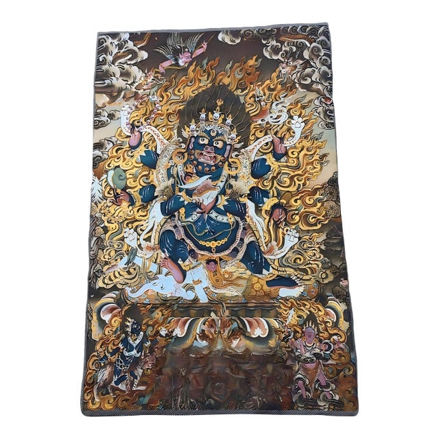 Mid 20th Century Xizang Embroidery and Brocade Thangka Buddha Painting - Wrathful Deity Protector Wall Art - Hand Painted Buddhist Sacred Scroll For Sale