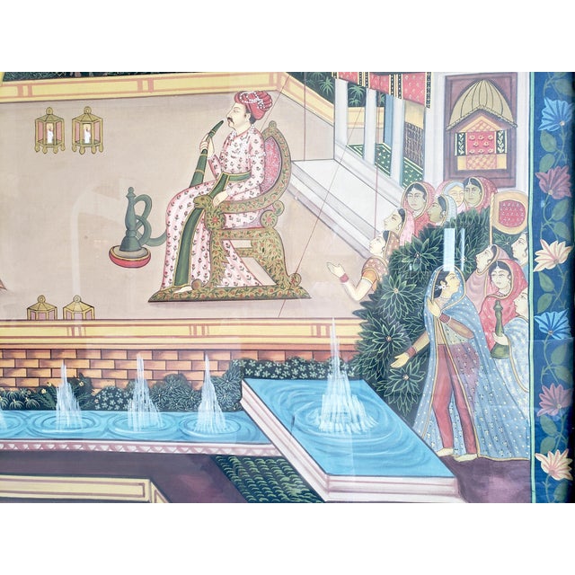 1940s 1940s Mid-Century (WWII Era) Custom Hand-Painted Silk Depicting Royal Rajasthan Palace Celebration For Sale - Image 5 of 9