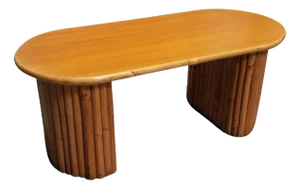 1950s Restored Mahogany Coffee Table W/ Vertical Stacked Rattan Half Moon Pedestal Legs