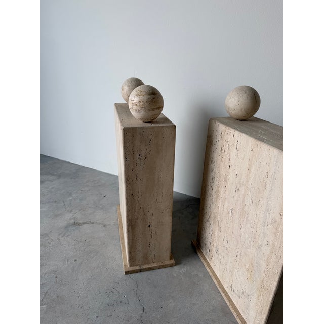 On Hold // 1980’s Postmodern Italian Geometric Travertine Dining Table Base - A Pair For Sale - Image 13 of 16