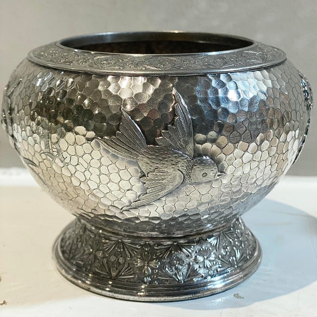 Meriden Britannia Victorian Aesthetic hammered silver plated vase #1934 with insect and floral decoration in relief