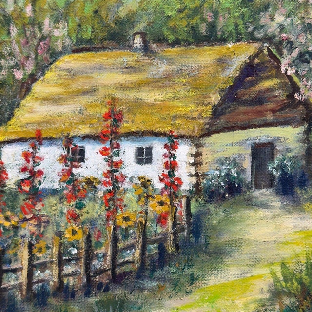 Vintage original oil painting on canvas board depicting a picturesque European village landscape, featuring a traditional...