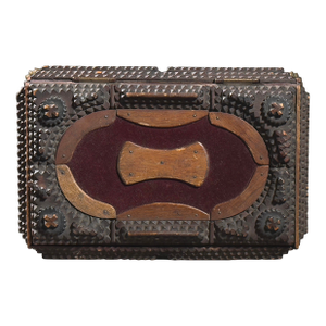 Antique Tramp Art Box With Red Velvet Inset Panels and Lion Paw Feet