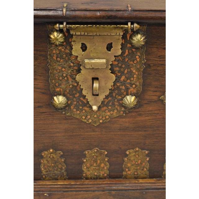 Antique Anglo Indian Oak Wood & Brass Mounted Coffer Blanket Chest Trunk For Sale - Image 4 of 16