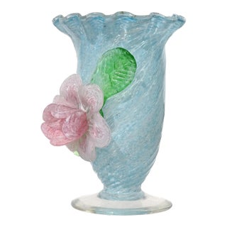 Murano Vintage Blue Swirl Applied Pink Quilted Flower Italian Art Deco Glass Ruffled Rim Footed Vase For Sale