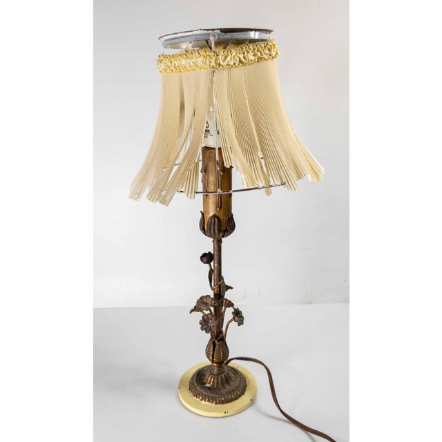 20th Century Italian Floral Tole Ware Style Metal Boudoir Table Lamp With Distressed Shade For Sale - Image 4 of 12