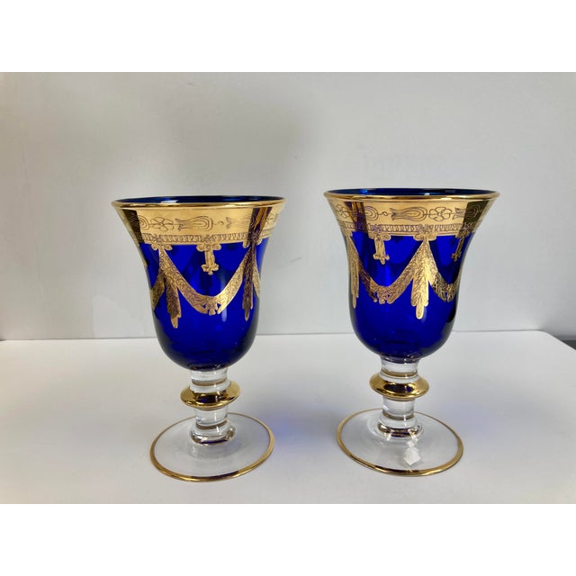 Italian Vintage Horchow 24Kt Gold Cobalt Blue Crystal Wine/Water Glass Goblets - Set of 4 For Sale - Image 3 of 12