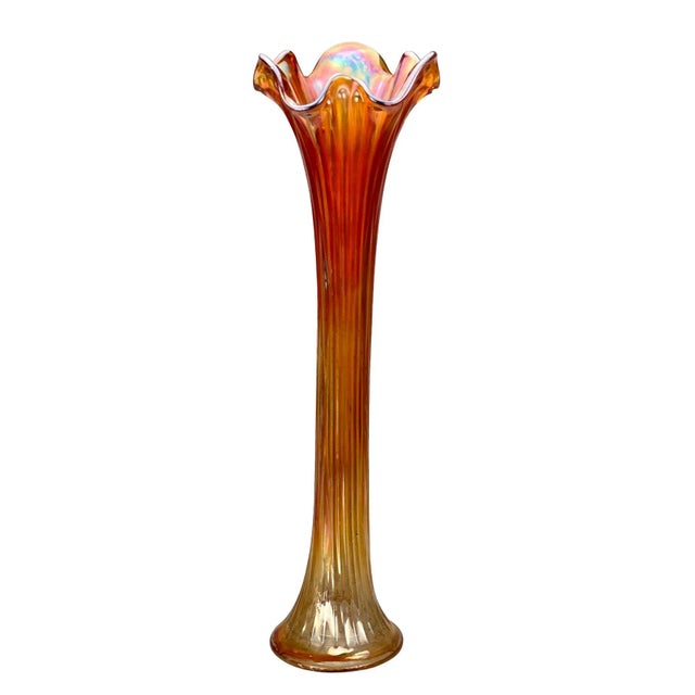 Glass Mid-Century Large Marigold Orange Iridescent Carnival Art Glass Swung Vase For Sale - Image 7 of 7