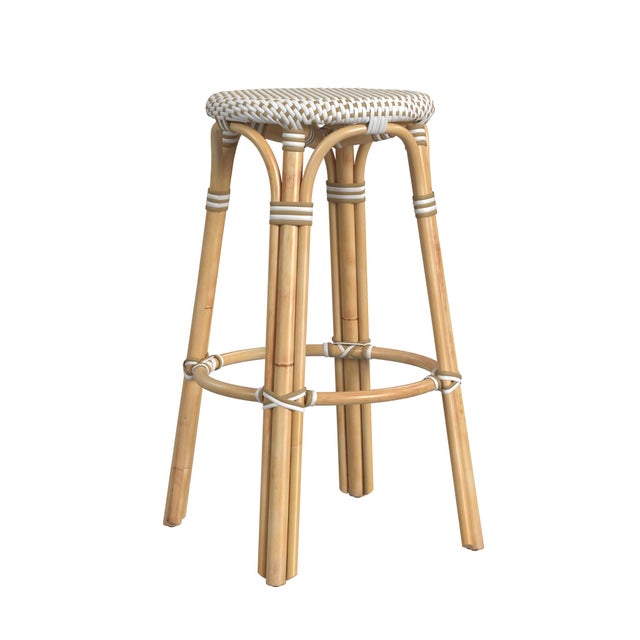 Tobias 30 in. Seat Height Round Rattan Backless Bar Stool, White/Tan Dot / Natural Rattan Frame For Sale In Chicago - Image 6 of 8