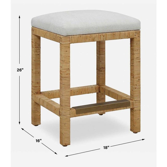 Rattan Wrapped Upholstered Counter Stool For Sale - Image 4 of 4