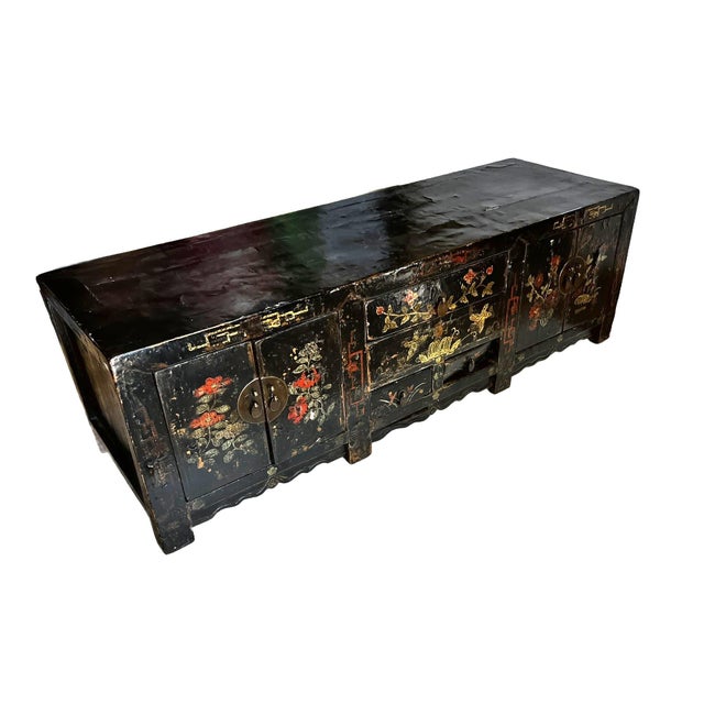 Antique Chinese Painted Lacquer Low Cabinet For Sale - Image 4 of 12
