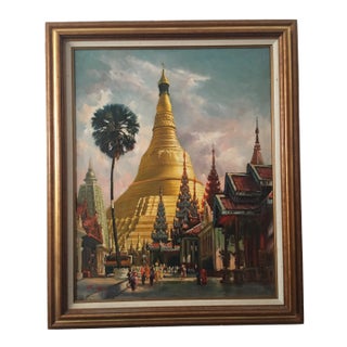 U Thein Nyunt Temple Painting, Framed For Sale