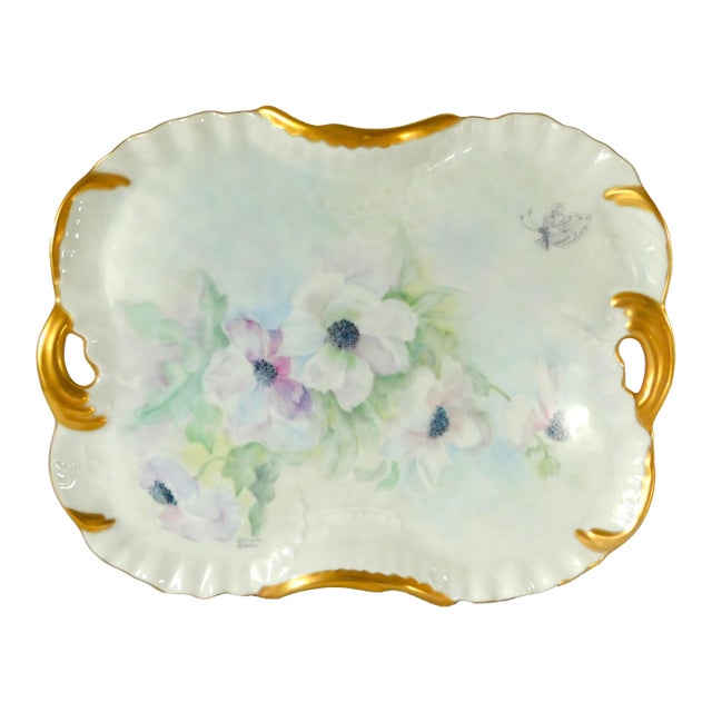 Elegant Antique Porcelain Hand Painted Signed Floral 24k Gold Trim Perfume Tray W/ Handles For Sale
