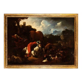 Unknown, Landscape with Merchants Arranging the Goods, Oil Painting, Late 17th Century For Sale
