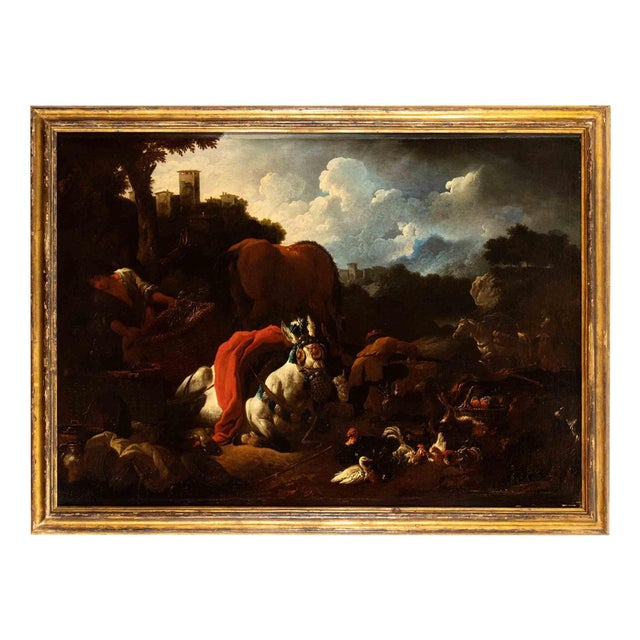 Unknown, Landscape with Merchants Arranging the Goods, Oil Painting, Late 17th Century For Sale