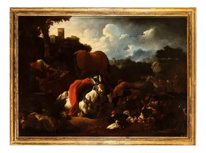 Unknown, Landscape with Merchants Arranging the Goods, Oil Painting, Late 17th Century