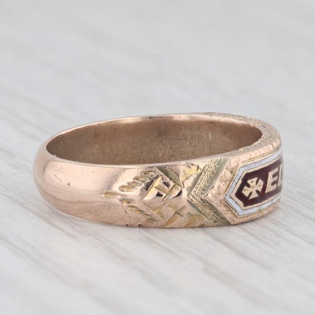Art Nouveau Antique Name Cigar Band Style Ring 10k Yellow Gold Enamel Size 8.75 Edward For Sale - Image 3 of 7