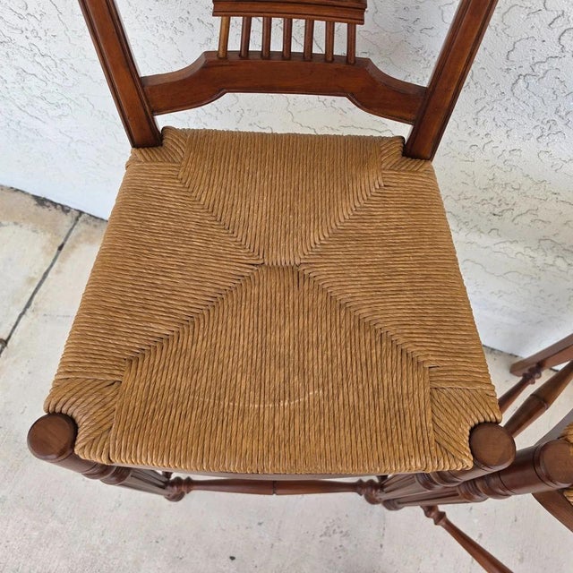 Brown Ethan Allen Country French Wheat Sheaf Back Rush Seat Bar Stools Set of 2 For Sale - Image 8 of 18