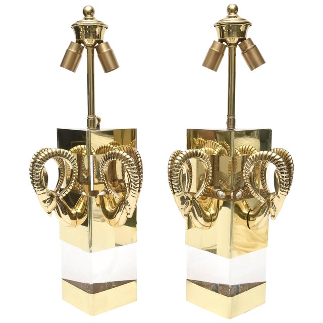 1970s Lucite and Polished Brass Ram's Head Wall Sconces - a Pair For Sale
