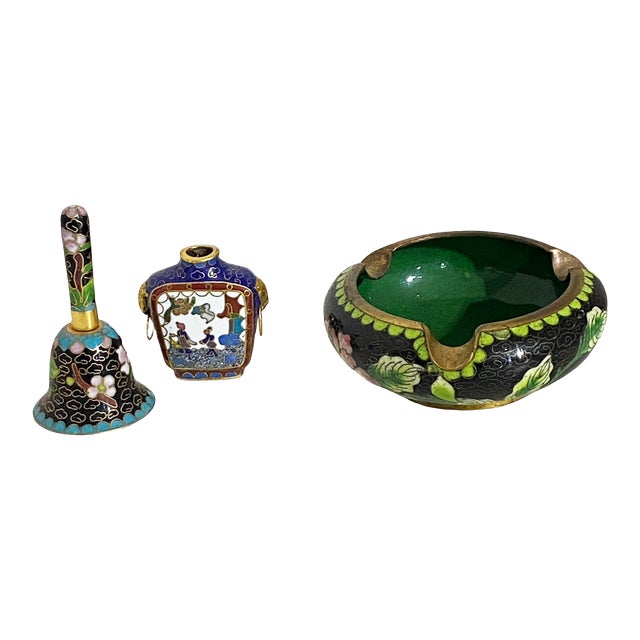 Chinoiserie Set of 3 Old Cloisonné Enamel Objects For Sale