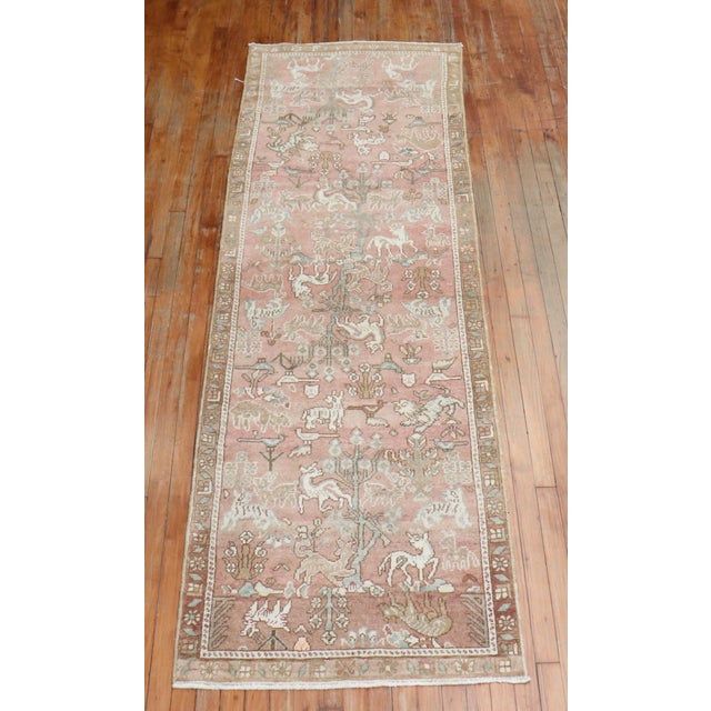 Textile 1940s Persian Animal Pictorial Pink Color Runner For Sale - Image 7 of 18
