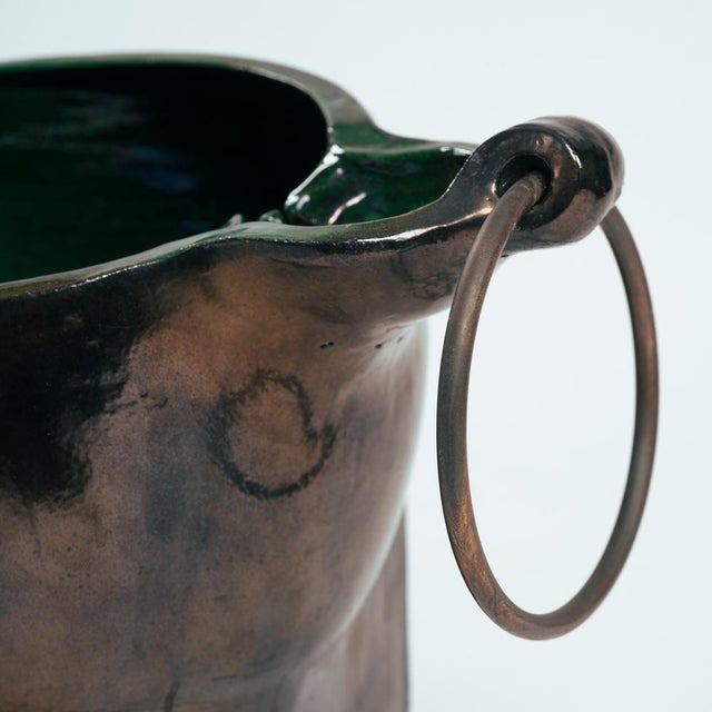 Ceramic Sink with Green and Bronze Glazing and Brass Towelring, 1970s For Sale - Image 4 of 13
