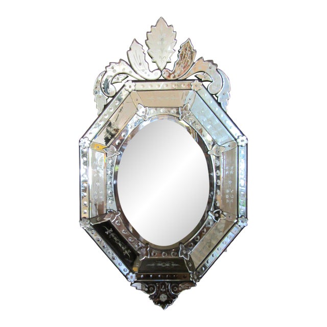 Antique French Venetian Style Etched and Beveled Glass Wall Mirror Circa 1920s For Sale