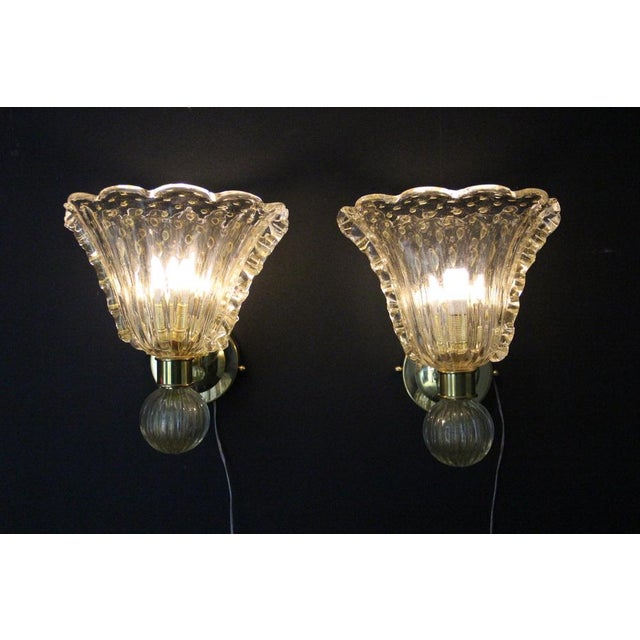 Trumpet-Shaped Gilded Murano Glass Polugoso Wall Sconces, 1990s, Set of 2 For Sale - Image 11 of 16