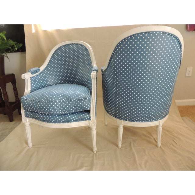 French Antique French Louis XVI Style Upholstered Barrel Back Armchairs - A Pair For Sale - Image 3 of 13