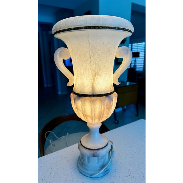 Single Italian Tall Alabaster and Brass Urn Handles Table Lamp For Sale - Image 4 of 18