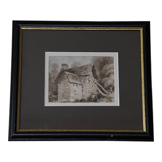 Vintage Cotswolds Cottage Sepia Watercolor Print For Sale
