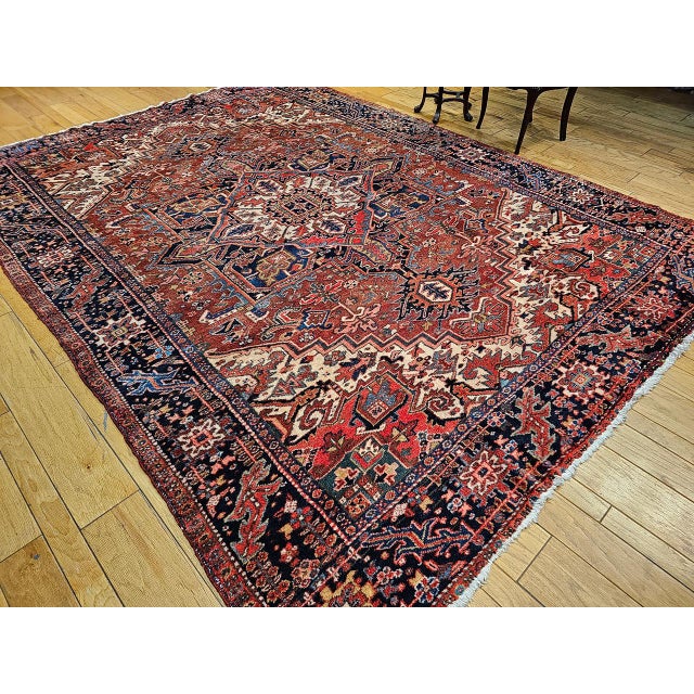 Textile Antique Persian Heriz Karajeh Rug, Hand-Knotted Wool, Geometric Design, Brick & Navy, 9x12 For Sale - Image 7 of 10