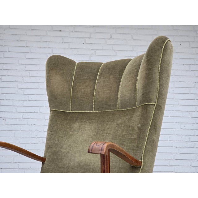 Wood Danish Oak Highback Armchair with Velour Upholstery, 1960s For Sale - Image 7 of 18