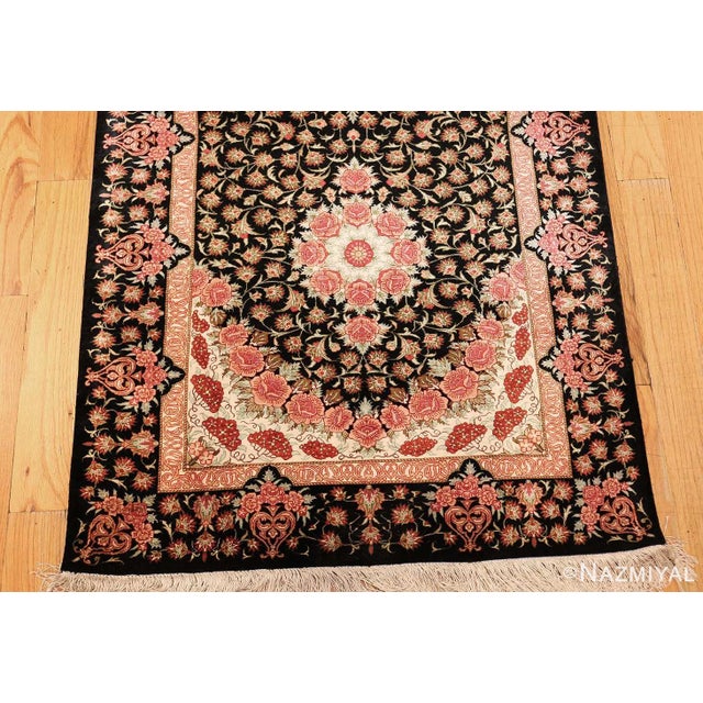 Nazmiyal Collection Black Silk Qum Persian Runner Rug For Sale - Image 4 of 8