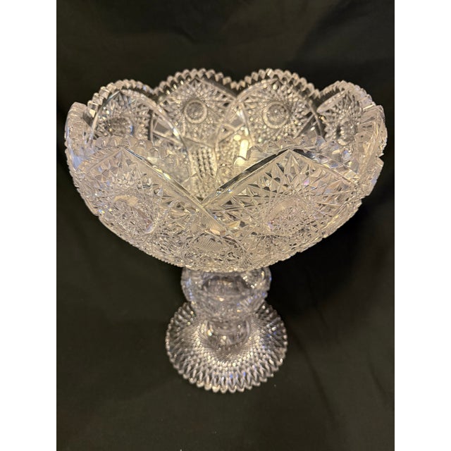 Transparent Rare Large Antique American Brilliant Period Cut Glass Pedestal Compote – 17” Tall, Deep Hobstar & Russian Pattern For Sale - Image 8 of 9