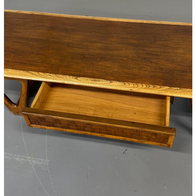 Brown Lane Perception Coffee Table With Basket Weave Drawer Triangular Legs For Sale - Image 8 of 11