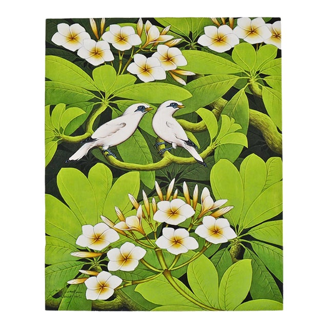 Flora Fauna Birds & Plumeria Acrylic on Canvas Painting For Sale