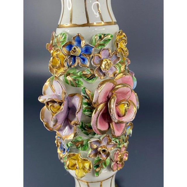 Vintage Italian Brass and Porcelain Table Lamp with Hand-Painted Flowers from Capodimonte For Sale - Image 5 of 11