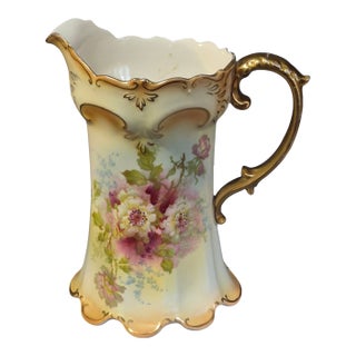 Antique Royal Devon S.& F. Co. England Hand Painted Floral Gilded Pitcher 8'' For Sale