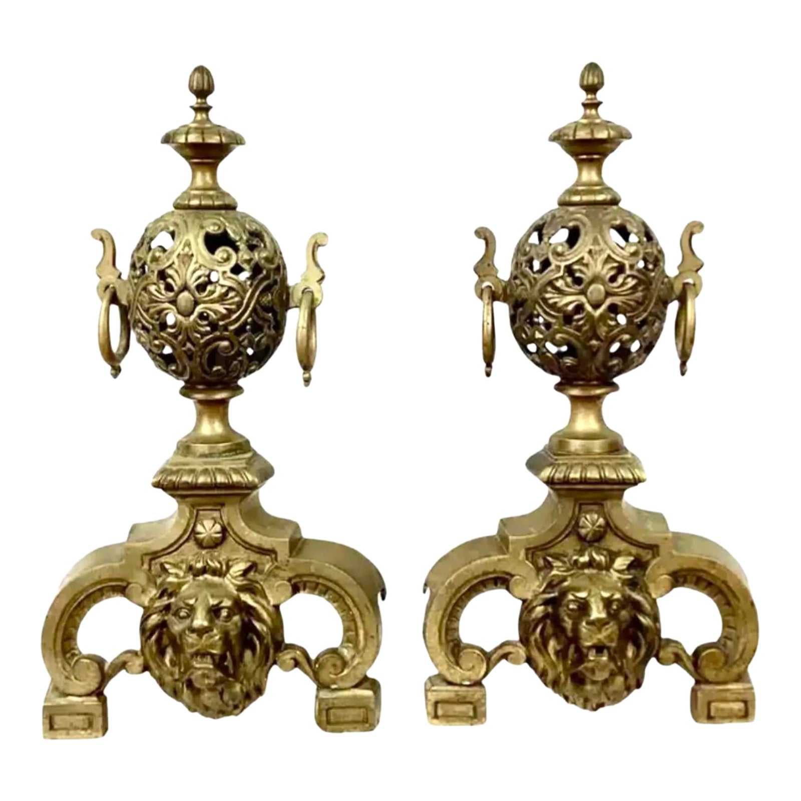 Pair of Late 19th Century Brass Lion's Head Andirons | Chairish