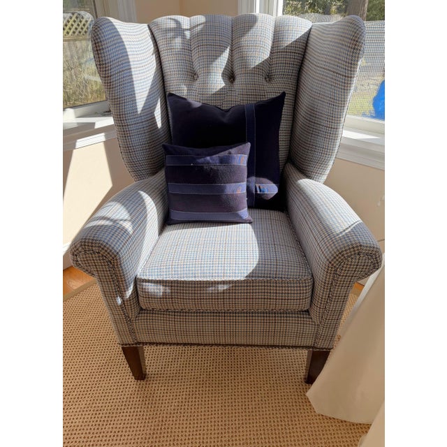2000 - 2009 A Pair of Custom Blue Wingback Chairs Blue Herringbone by Mitchell Gold & Bob Williams / Navy Blue Linen by Restoration Hardware For Sale - Image 5 of 18