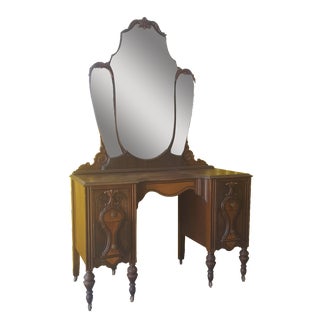 Antique Art Deco Vanity Dresser W/ Mirror & Chair For Sale